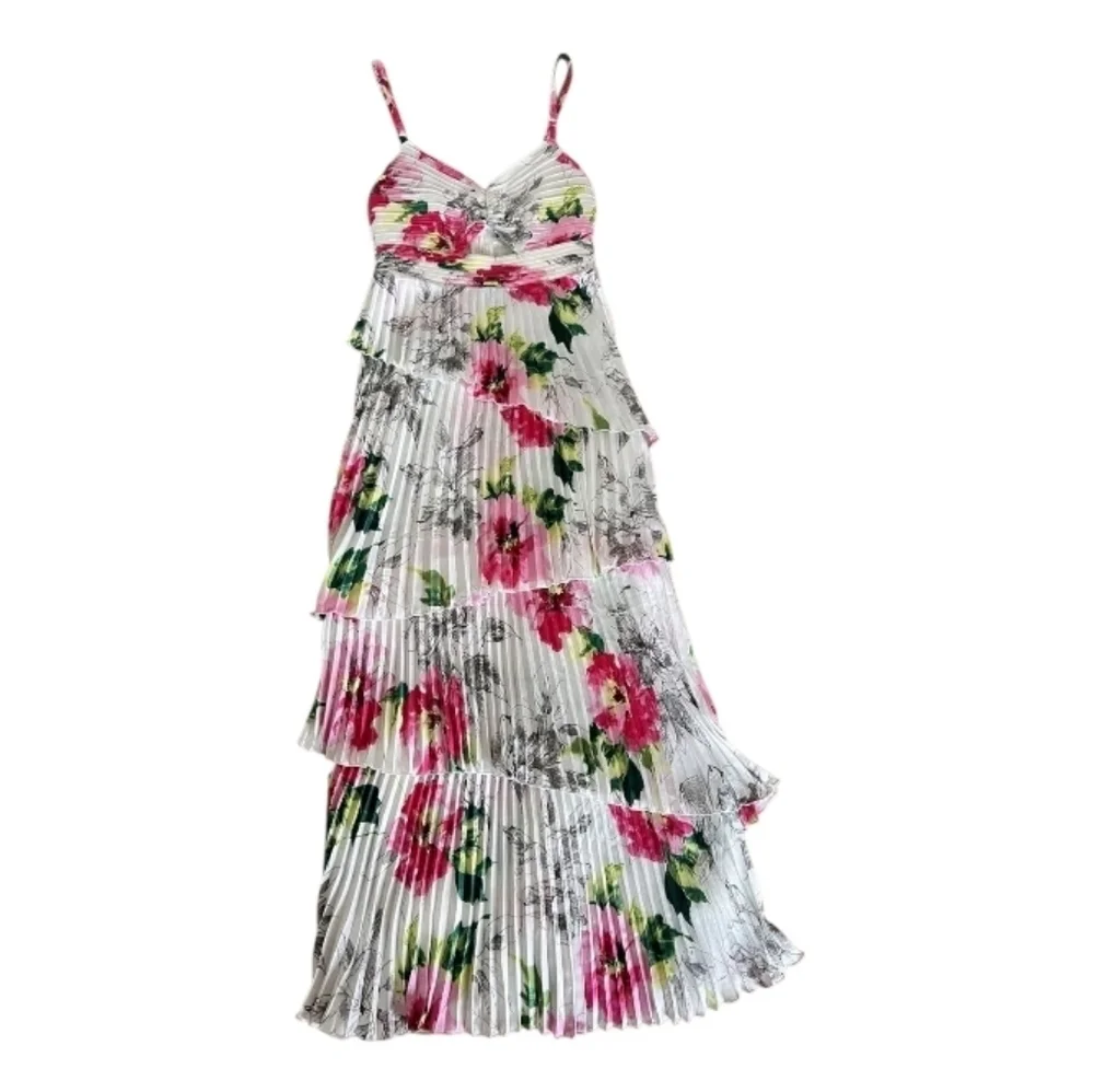Abercrombie & Fitch Giselle Pleated Tiered Maxi Dress Satin White Floral Sz LP